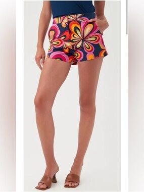 Trina Turk Retro Swirl Print Shorts Size 4 Navy Pink Orange High Waist